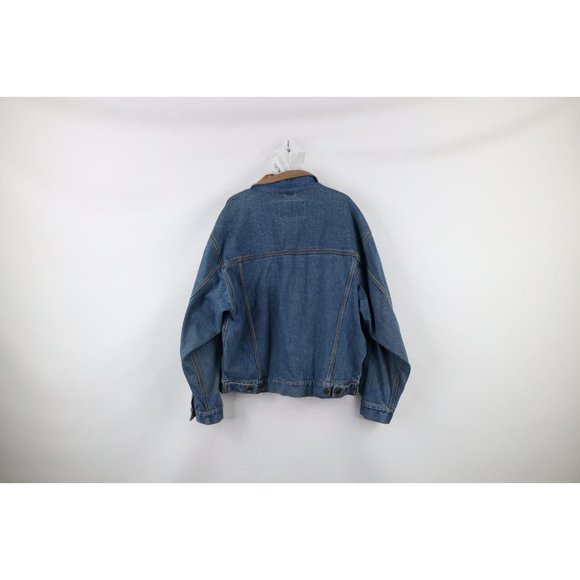 Vtg 90s Streetwear Mens Medium Distressed Leather Collar Denim Trucker Jacket - Picture 10 of 12